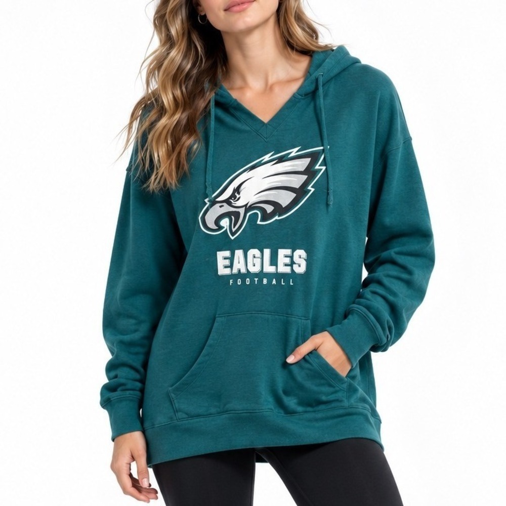 NFL Team Apparel Philadelphia Eagles Womens XL Teal Green V-Neck Pullover Hoodie